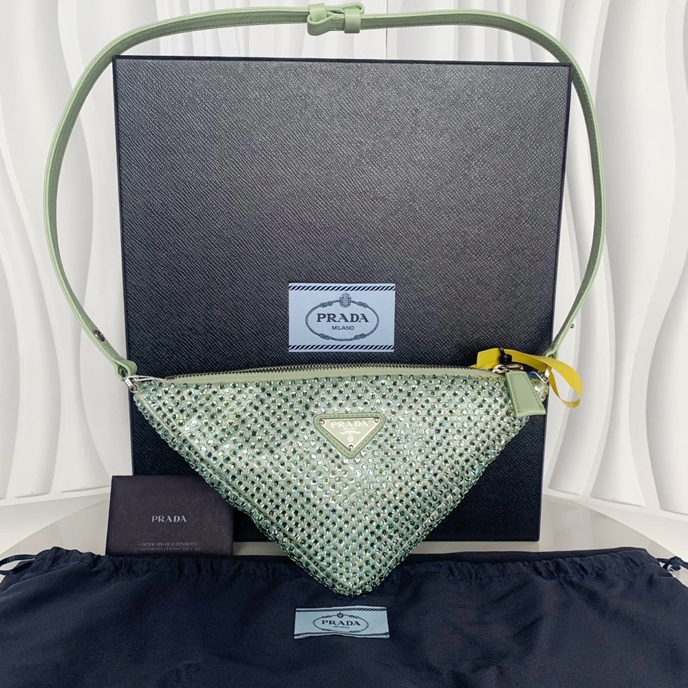Prada Triangle Top Handle Pouch Bag Crystal Embellished Satin Mini Green
